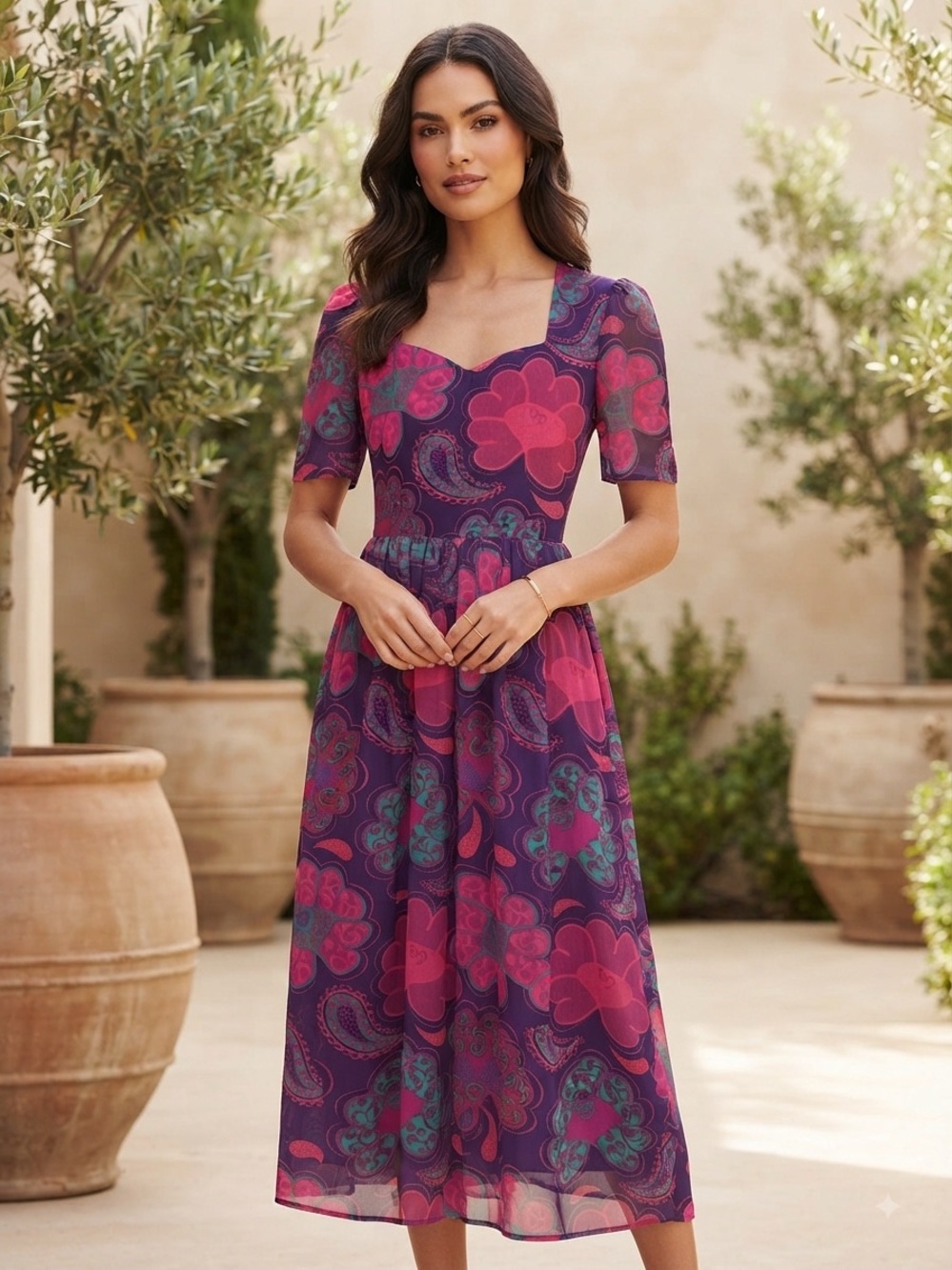 Pure Georgette Floral Paisley Maxi Dress in Magenta and Purple